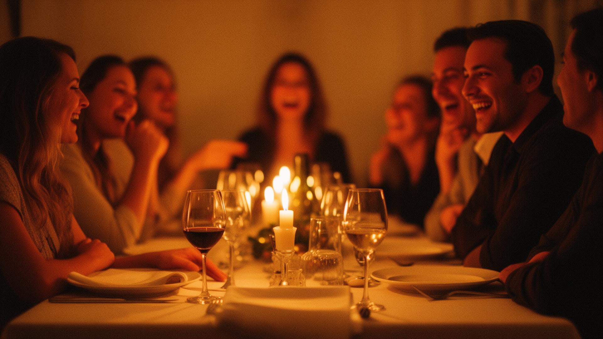 Friends laughing around a candlelit dinner table